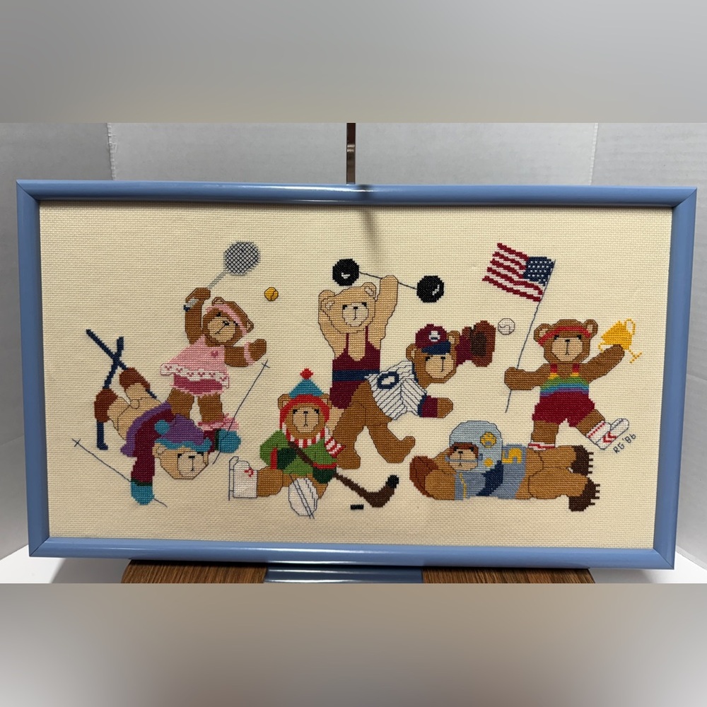 Vintage Handmade Counted Cross Stitch Sports Bears Various Sports Colors 1986